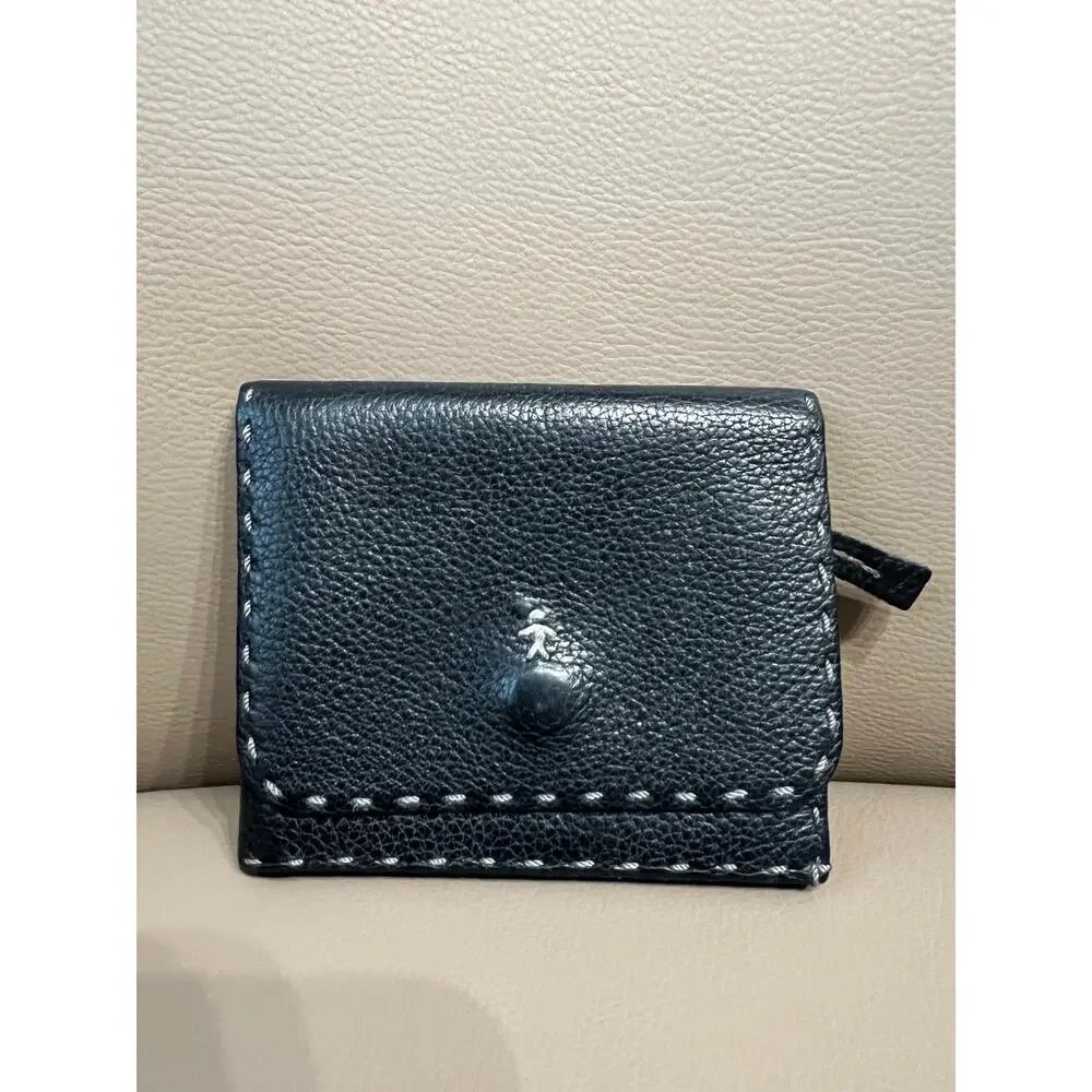 Henry Beguelin Leather BiFold Wallet Snap Fold Black Zipper Stitching Pebbled